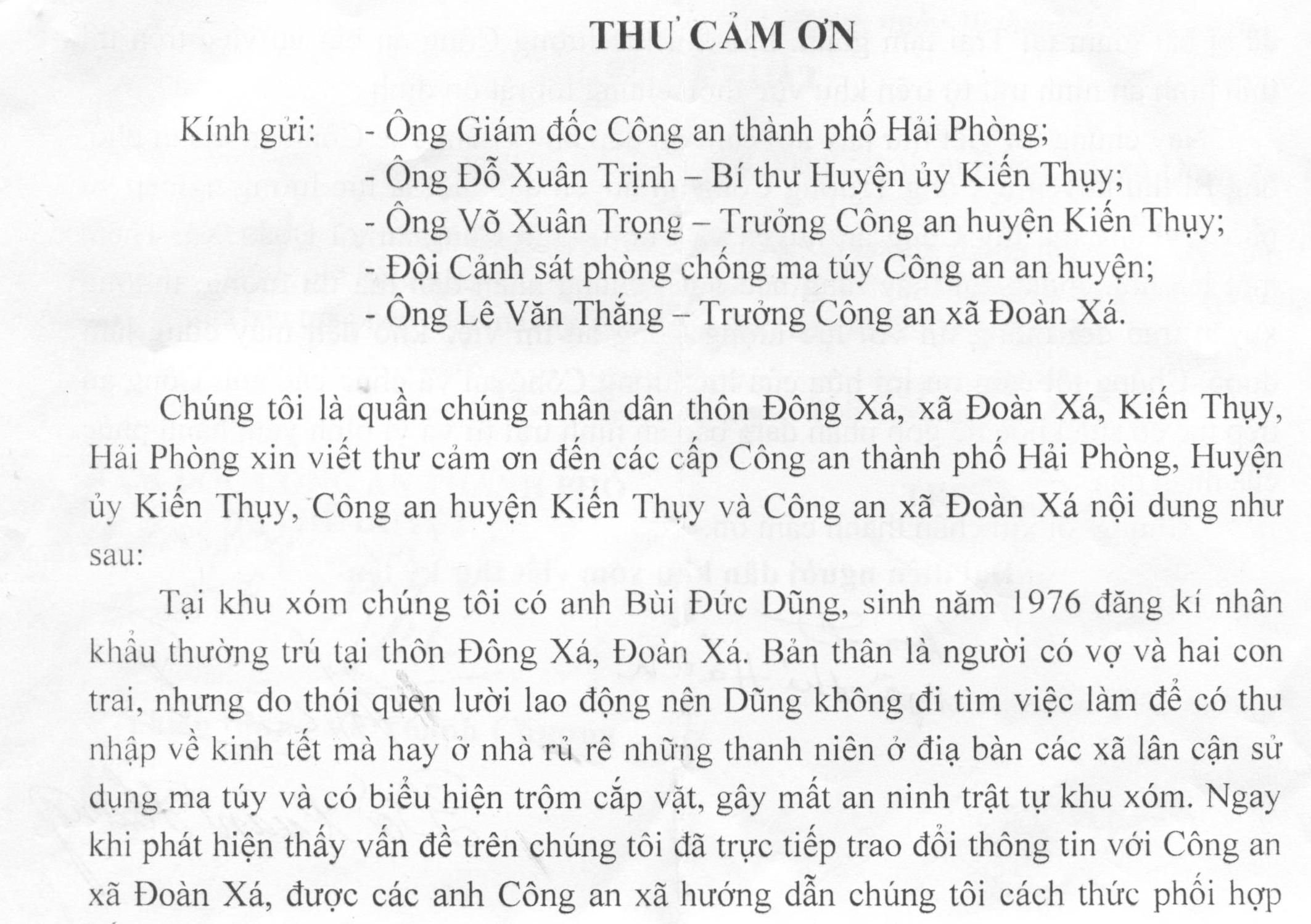 Nhân dân thôn Đông Xá (Kiến Thụy) gửi thư cảm ơn Công an huyện Kiến Thụy bắt đối tượng mua bán trái phép chất ma túy